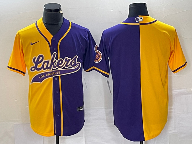 Men's Los Angeles Lakers Blank Gold/Purple Split Cool Base Stitched Baseball Jersey Men's Los Angeles Lakers Blank Gold/Purple Split Cool Base Stitched Baseball Jersey